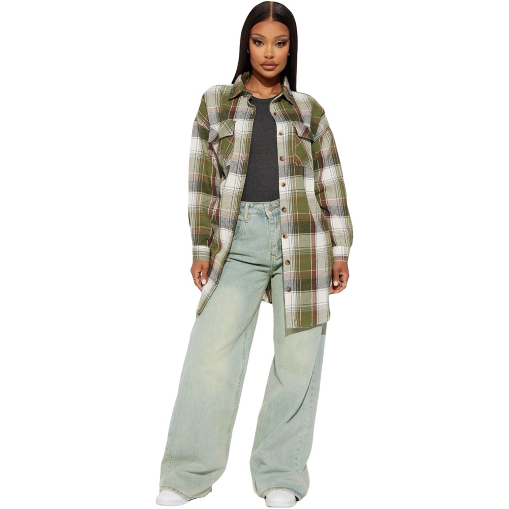 NWT Fashion Nova Womens Everglades Plaid Shirt Green Button Down Oversized Small
